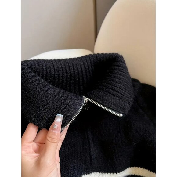 Striped Color Block Collared Half-Zip Knit Sweater - Picture 4 of 5